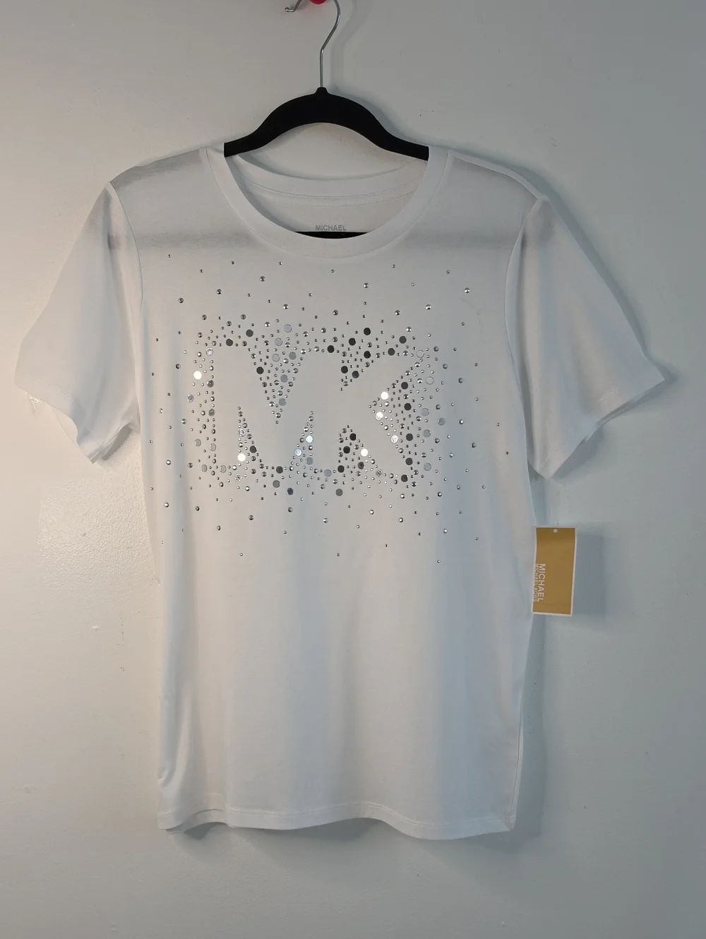 Michael Kors White Short Sleeve Tee with Silver Logo Embellishment